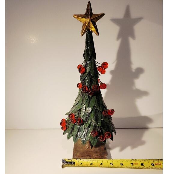VTG Tabletop Metal Christmas Tree Holly Berries Star Rustic Weighted 14" Green - Picture 9 of 11